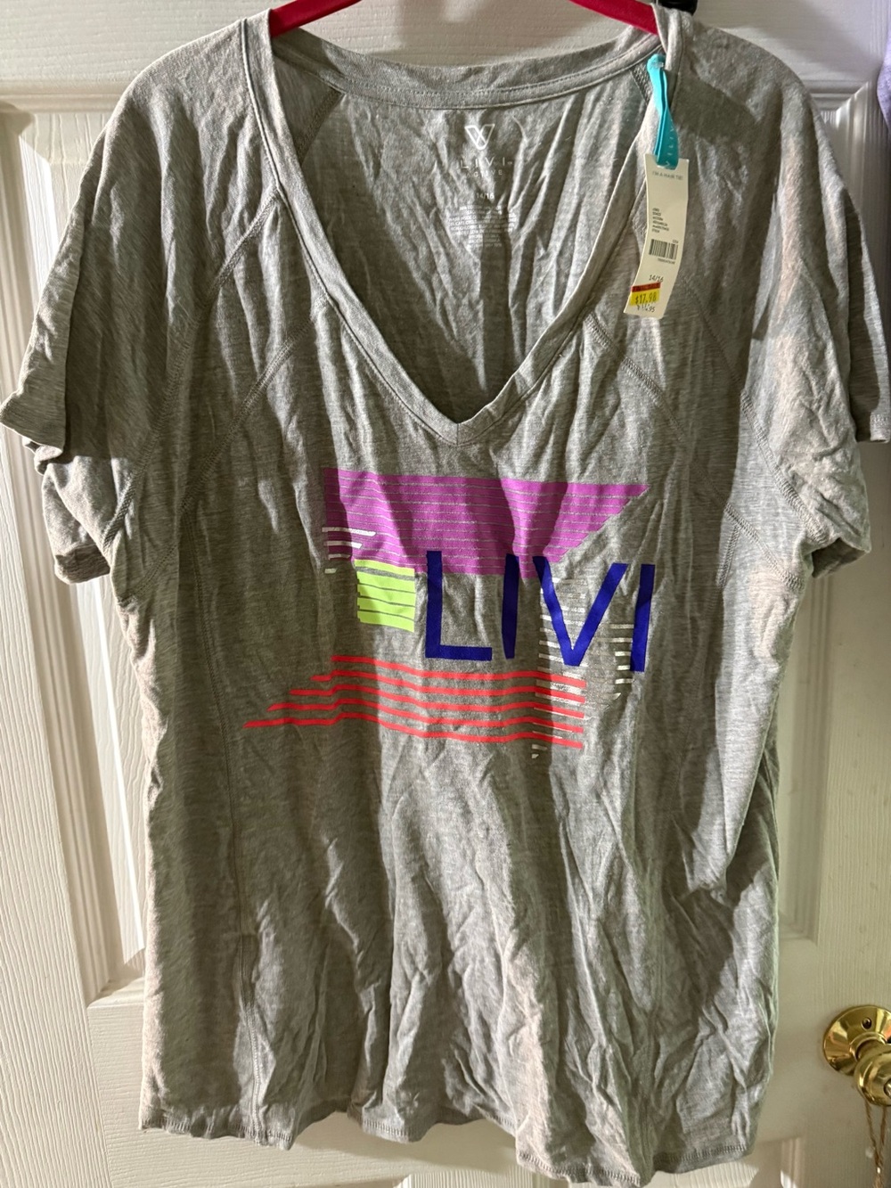 Livi Active Gray V-Neck Tee with Neon Graphic